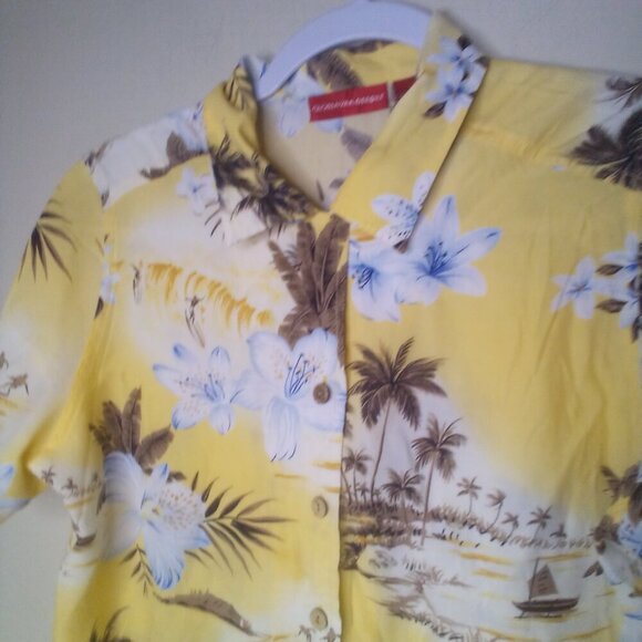Gloria Vanderbilt Shirt Blouse S Button Short Sleeve Tropical Beach Yellow Brown - Picture 4 of 15